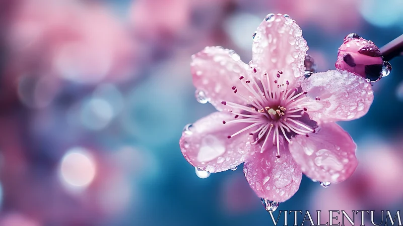 Pink Flower with Dew Drops in Macro Detail.