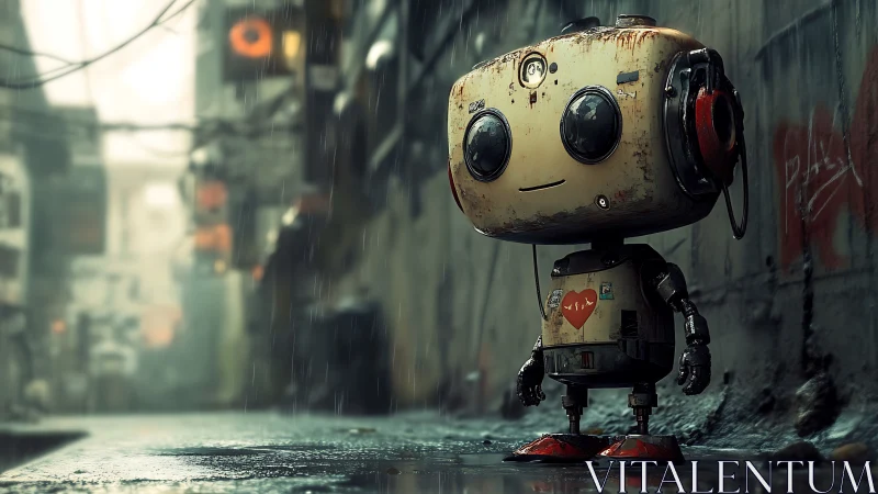 Rain-soaked alley robot with weathered chassis and heart decal.