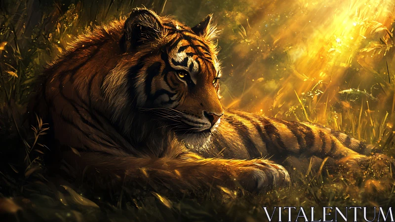 Majestic tiger rests in golden forest light and quiet power
