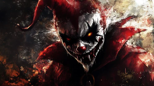 Demonic clown portrait with fiery eyes in chaotic red smears