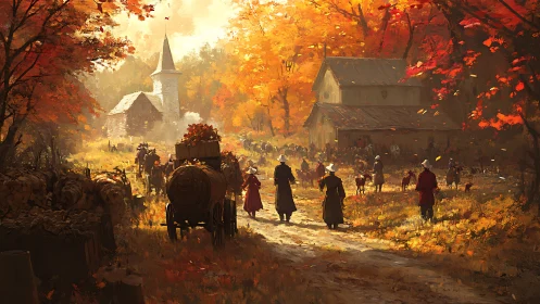 Autumn harvest procession through sunlit village lane.