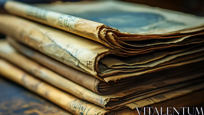 Aged newspapers form a textured stack under warm directional light