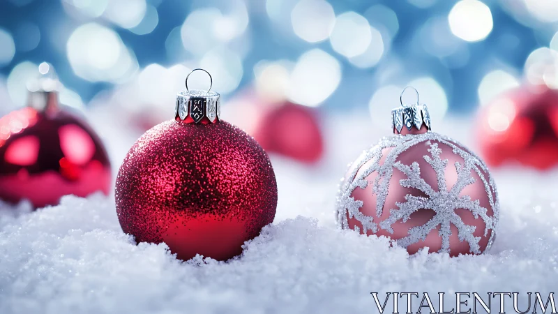 Red and pink Christmas baubles resting on fresh snow.