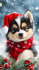 Christmas puppy wearing red hat and scarf poses in snow