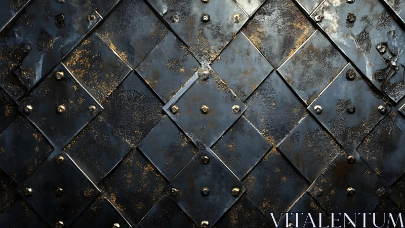 Overlapping riveted metal plates form a textured diagonal grid