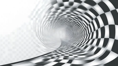 Sweeping checkerboard tunnel bends into a soft glowing distance