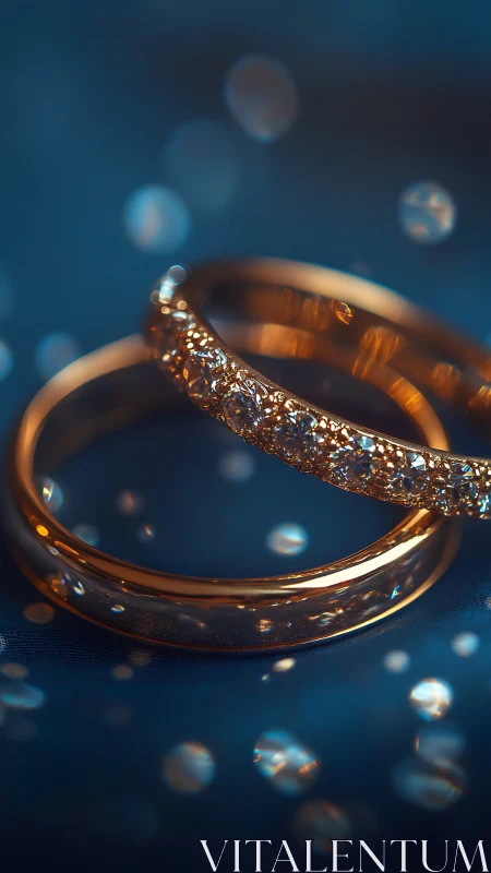 Macro view of gold wedding rings with pav&eacute; diamonds bokeh