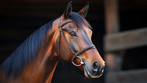 Gentle bay horse posing calmly in warm stable light.