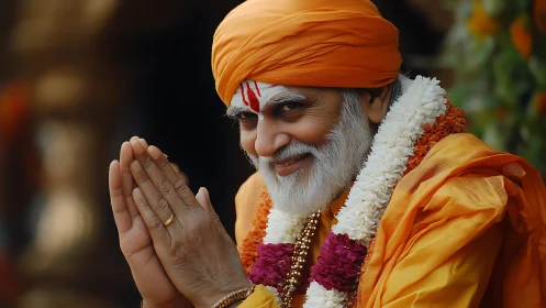 Elderly Hindu guru in saffron robes with folded hands portrait.
