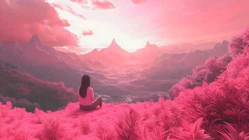 Solitary observer overlooking neon pink dreamscape valley.