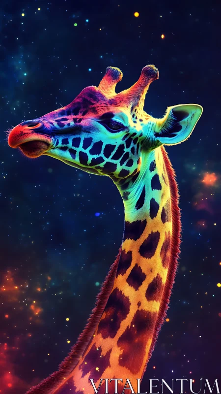 Neon cosmic giraffe stretches through glowing starfield.