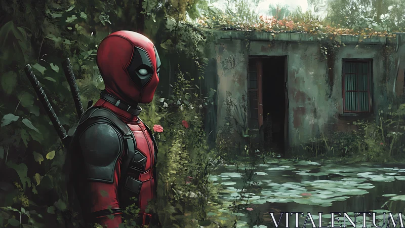 Quietly watchful masked hero pauses by an overgrown pond