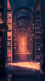 Sunlit vaulted library corridor receding into distance