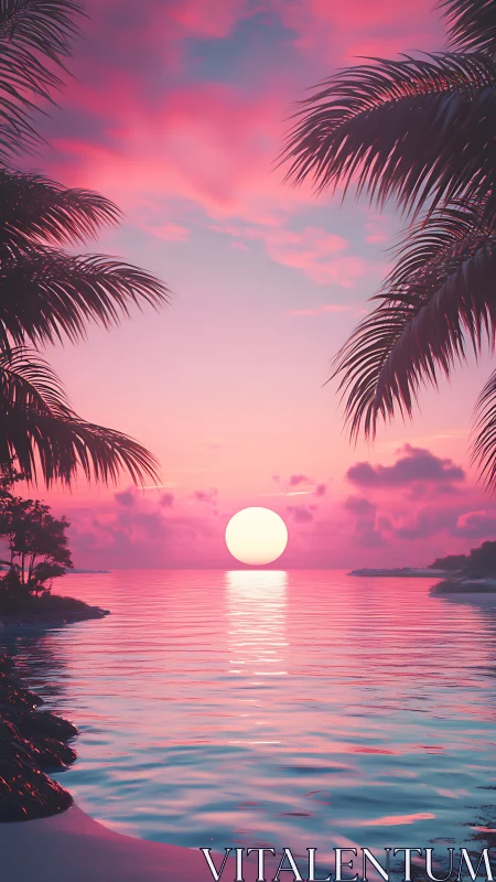 Gentle tropical sunset glows over calm pink and teal sea