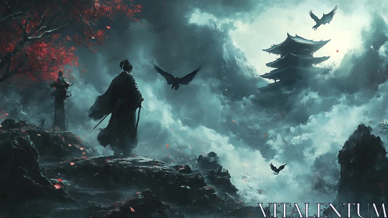 Lone samurai in stormlit mountain shrine with ravens circling.