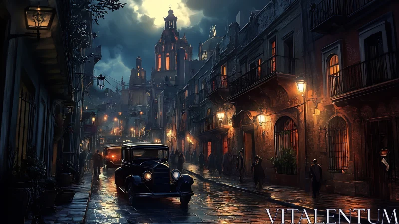 Moonlit old town street glowing with vintage car charm.