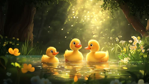 Sunlit duckling trio turns a forest pond into golden giggles