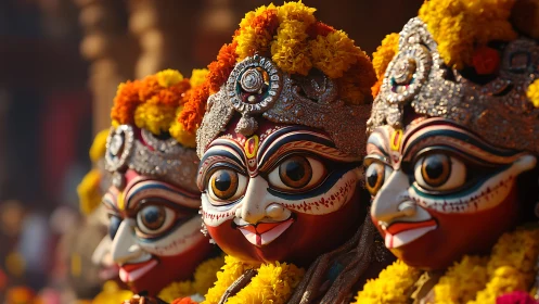 Three elaborately decorated ritual masks are displayed