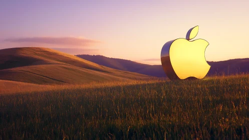 Golden tech emblem rising over sunset grassland hills.