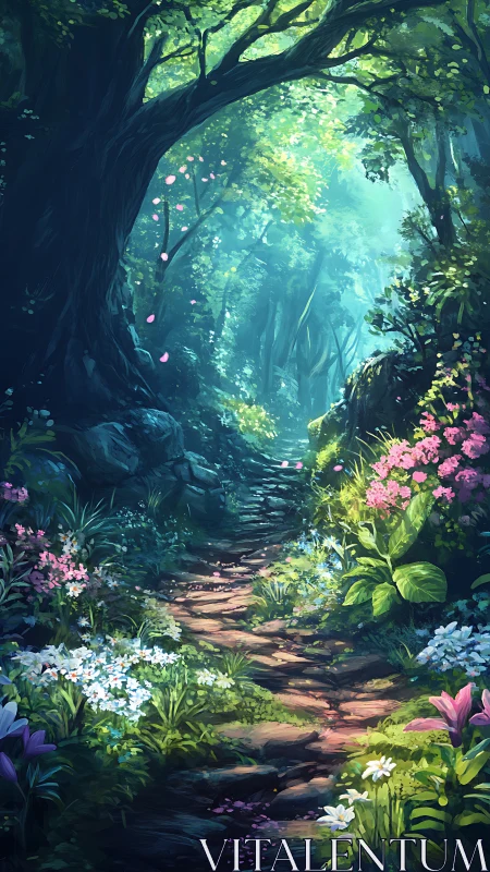 Forest path lined with flowering plants and sunlight filtering through canopy