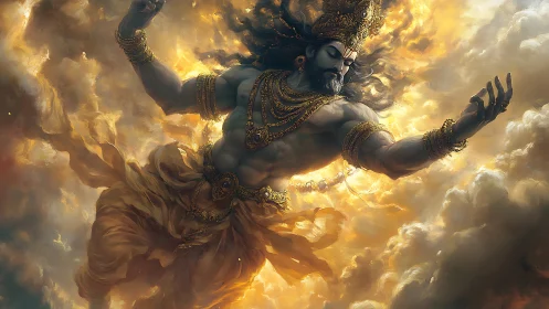 Mythic armored deity soaring through incandescent storm clouds