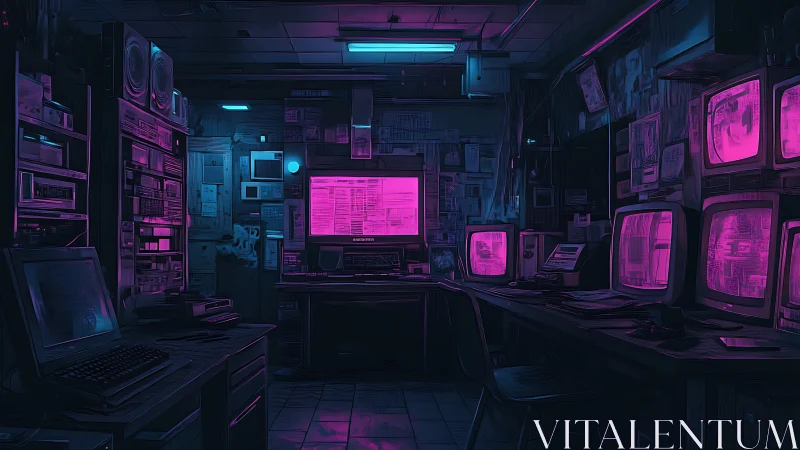 Neon-lit retro control room glows with eerie cyberpunk tension