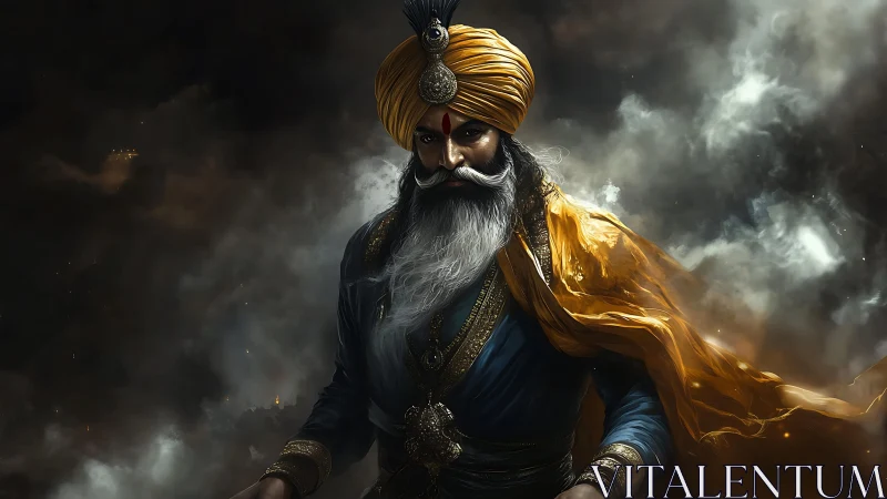 Regal warrior in golden turban stands amid swirling storm
