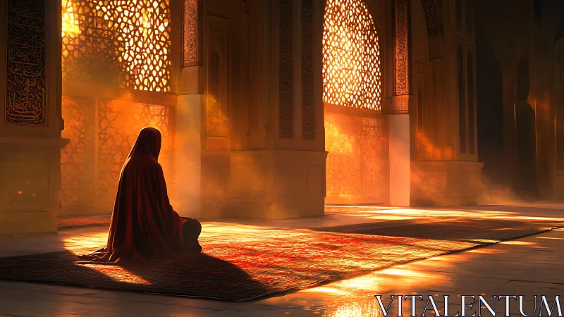 Solitary prayer unfolds in golden light inside a mosque