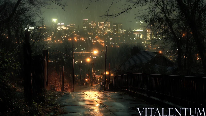 Rainy hillside path glowing toward the distant city lights.