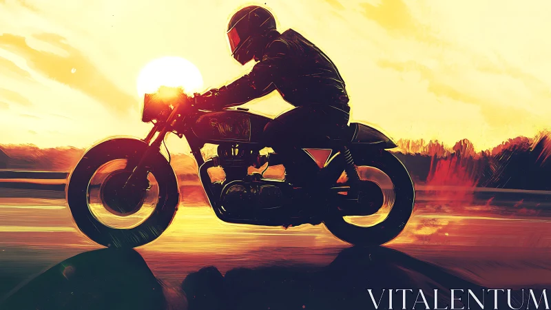 Motorcyclist silhouette on road at vivid sunset horizon.