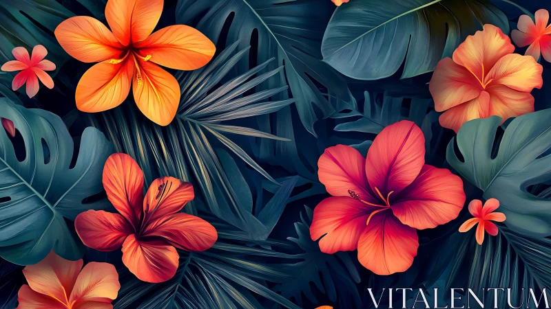 Vivid tropical hibiscus blooms glow over deep jungle leaves