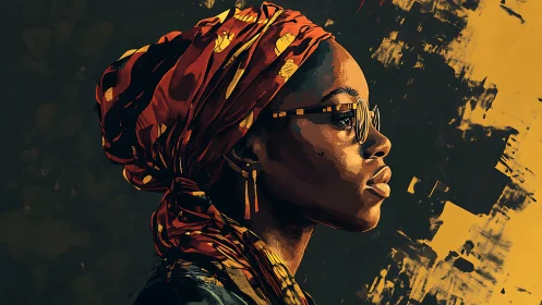 Headwrap muse in amber shadows and brushstroke quiet.