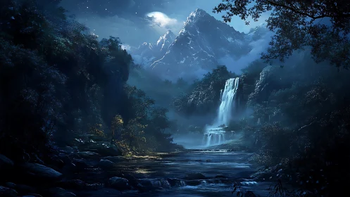 Moonlit alpine waterfall valley in cinematic blue tones.