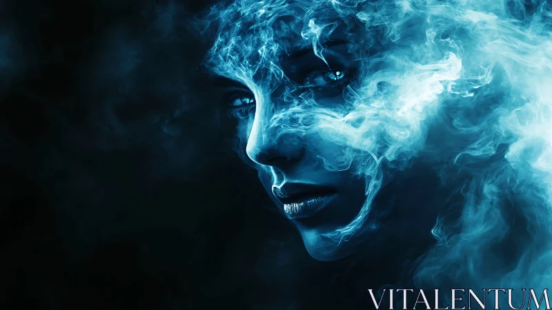 Ethereal cyan female visage emerging from swirling smoke