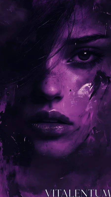 Violet-tinted female portrait in abstract digital chiaroscuro.