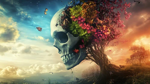 Skull tree blooms between day and night sky horizon.