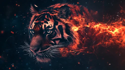 Tiger head rendered with fiery particle dispersion and neon contrast