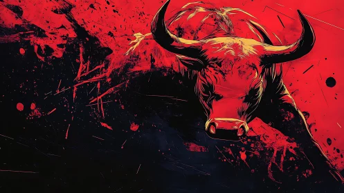 Charging bull explodes from a red and black abstract storm.