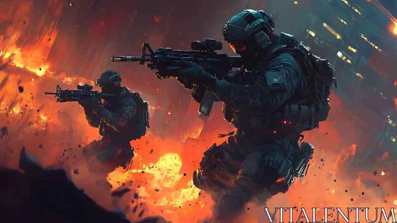 Armed tactical soldiers in urban fire zone digital artwork.
