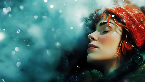 Profile of a resting woman rendered amid diffuse icy textures