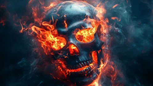 Photorealistic flaming skull engulfed in dynamic orange fire