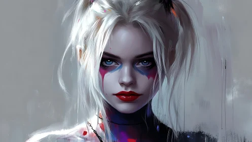 Paint-splashed rebel girl with porcelain glare and neon heart.