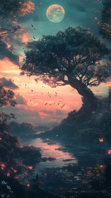 Lunar-lit river valley with twisted tree at chromatic dusk