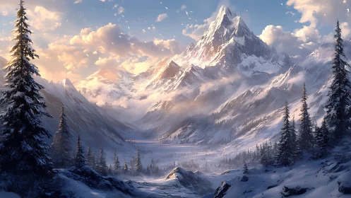 Snowy mountain peak over misty valley at sunrise.