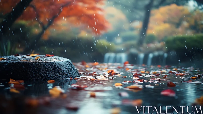 Wet stone and fallen leaves in shallow water during rainfall