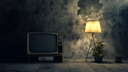 Vintage television with lit floor lamp against worn wall.