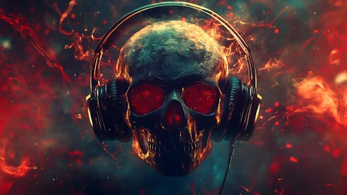 Fiery skull in headphones listens deeply to molten music