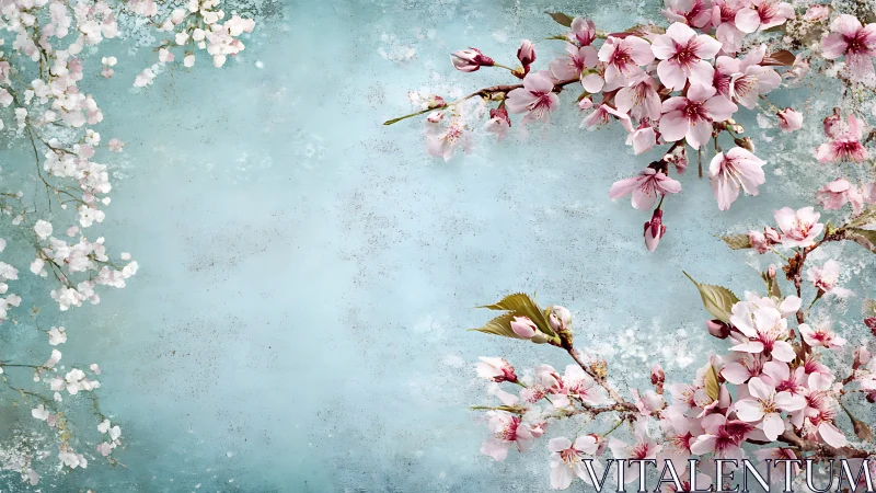 Cherry Blossoms Frame Turquoise Wall with Pink Blooms