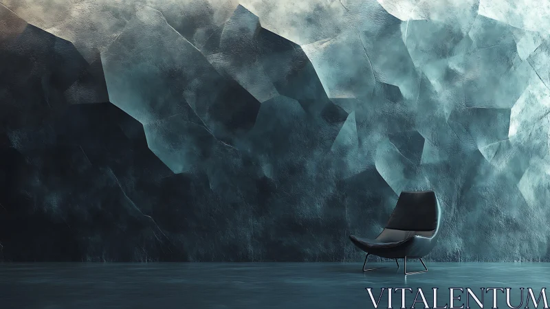 Cozy modern chair against a dreamy teal geometric wall.