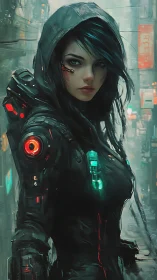 Cybernetic rogue stalks neon city in rain-soaked armor.